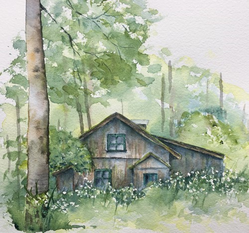 Akvarel, hus i skoven